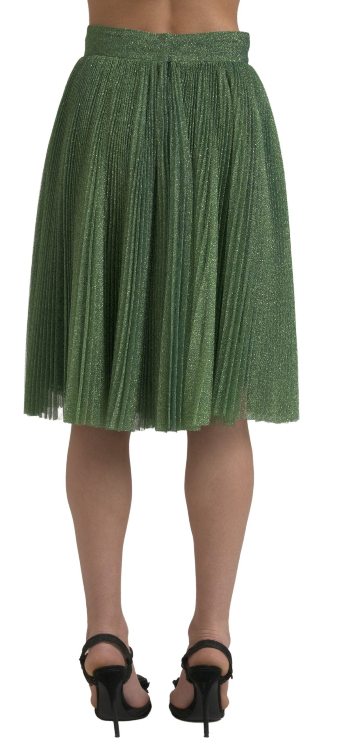 Metallic green high waist A-line pleated skirt by Dolce & Gabbana, shown on a model with flowing fabric and stylish design.