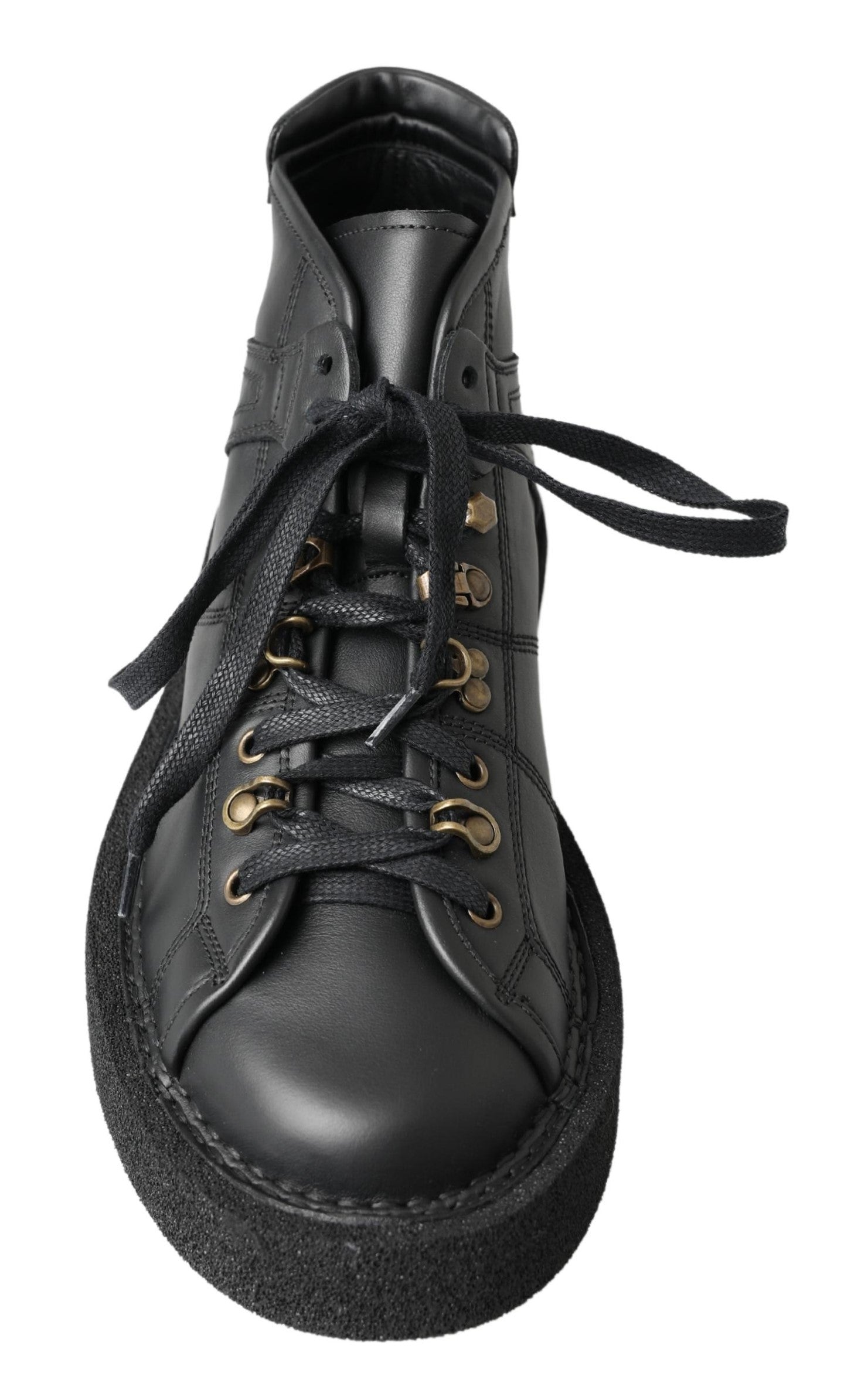 Black leather slip-on stretch boots by Dolce & Gabbana, featuring sleek design and comfortable fit, shown from a side view.