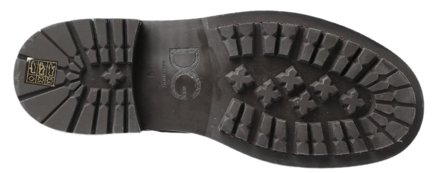 Black and gray leather mid-calf boots by Dolce & Gabbana, featuring sleek design and sturdy heel.