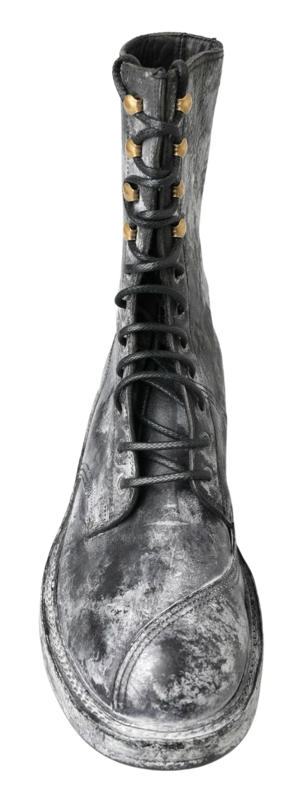 Black and gray leather mid-calf boots by Dolce & Gabbana featuring sleek design and sturdy heel, perfect for stylish winter wear.
