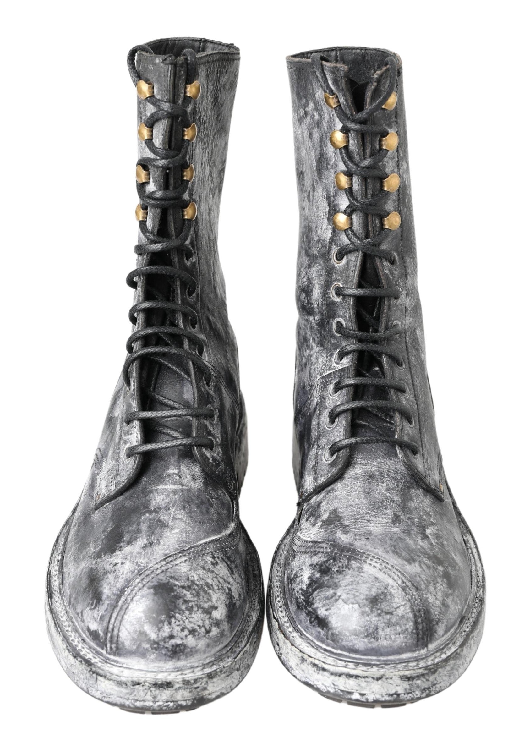 Black and gray leather mid-calf boots by Dolce & Gabbana, stylish footwear with a sleek design and sturdy heel.