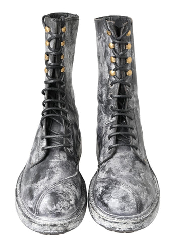 Black and gray leather mid-calf boots by Dolce & Gabbana, stylish footwear with a sleek design and sturdy heel.