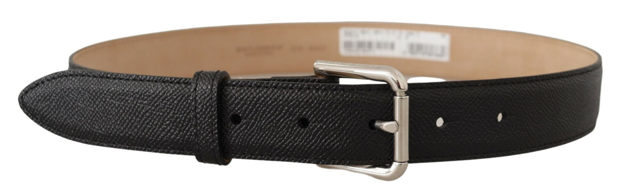 Black calf leather belt with brown backend and metal buckle from Dolce & Gabbana, showing the detailed buckle and smooth leather strap.