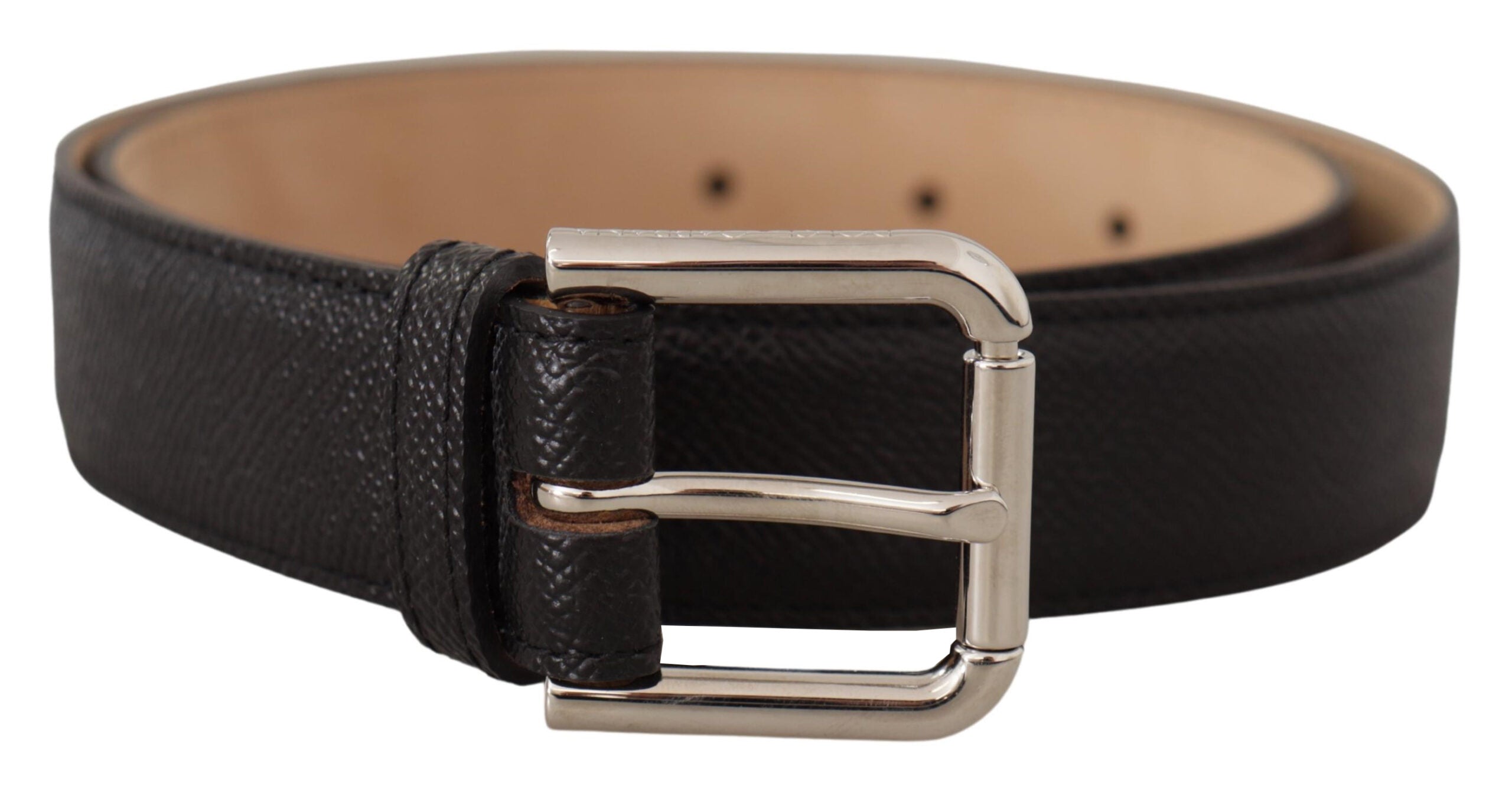Black calf leather belt with brown backend and metal buckle by Dolce & Gabbana, featuring sleek design and adjustable fit.