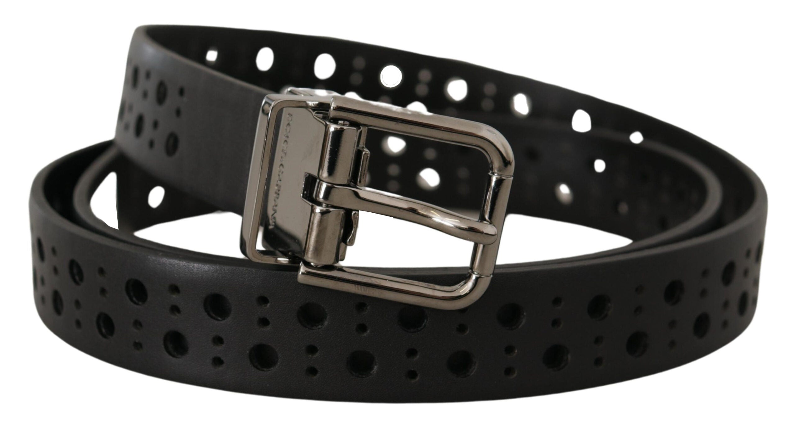 Black calf leather belt with perforations and a metal buckle from Dolce & Gabbana, shown with close-up of texture and buckle detail.
