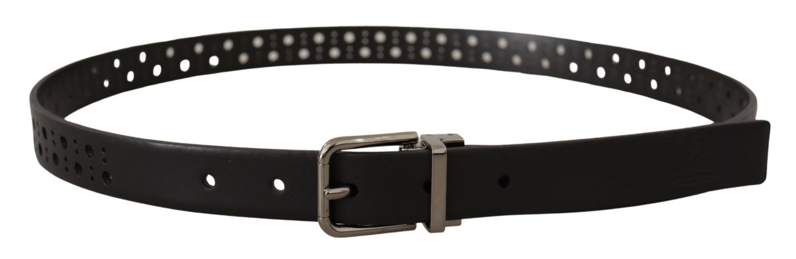 Black calf leather belt with perforated design and metal buckle by Dolce & Gabbana, shown with close-up of textured strap and buckle.