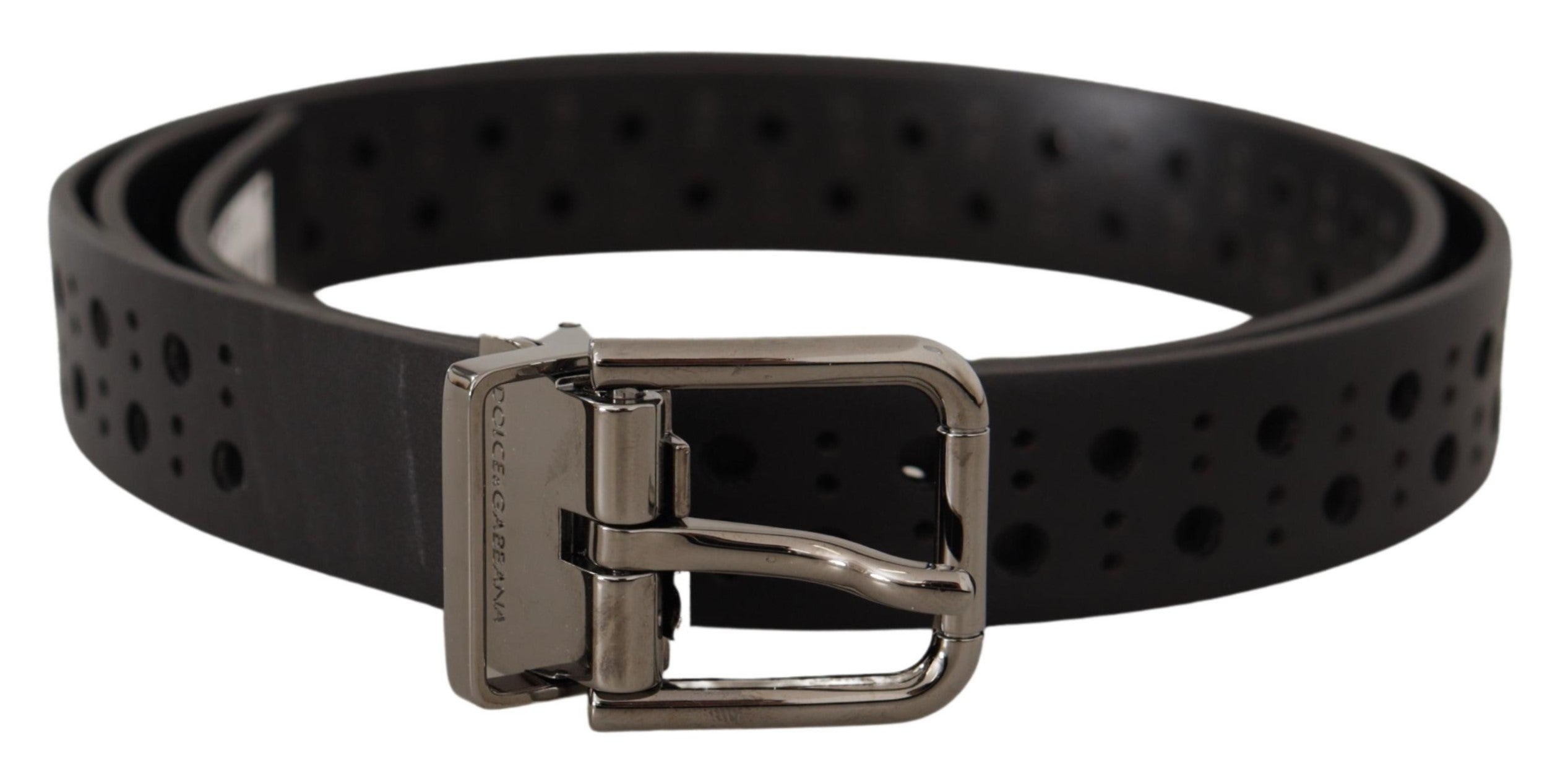 Black calf leather belt with perforations and a metal buckle, stylish Dolce & Gabbana accessory on a white background.