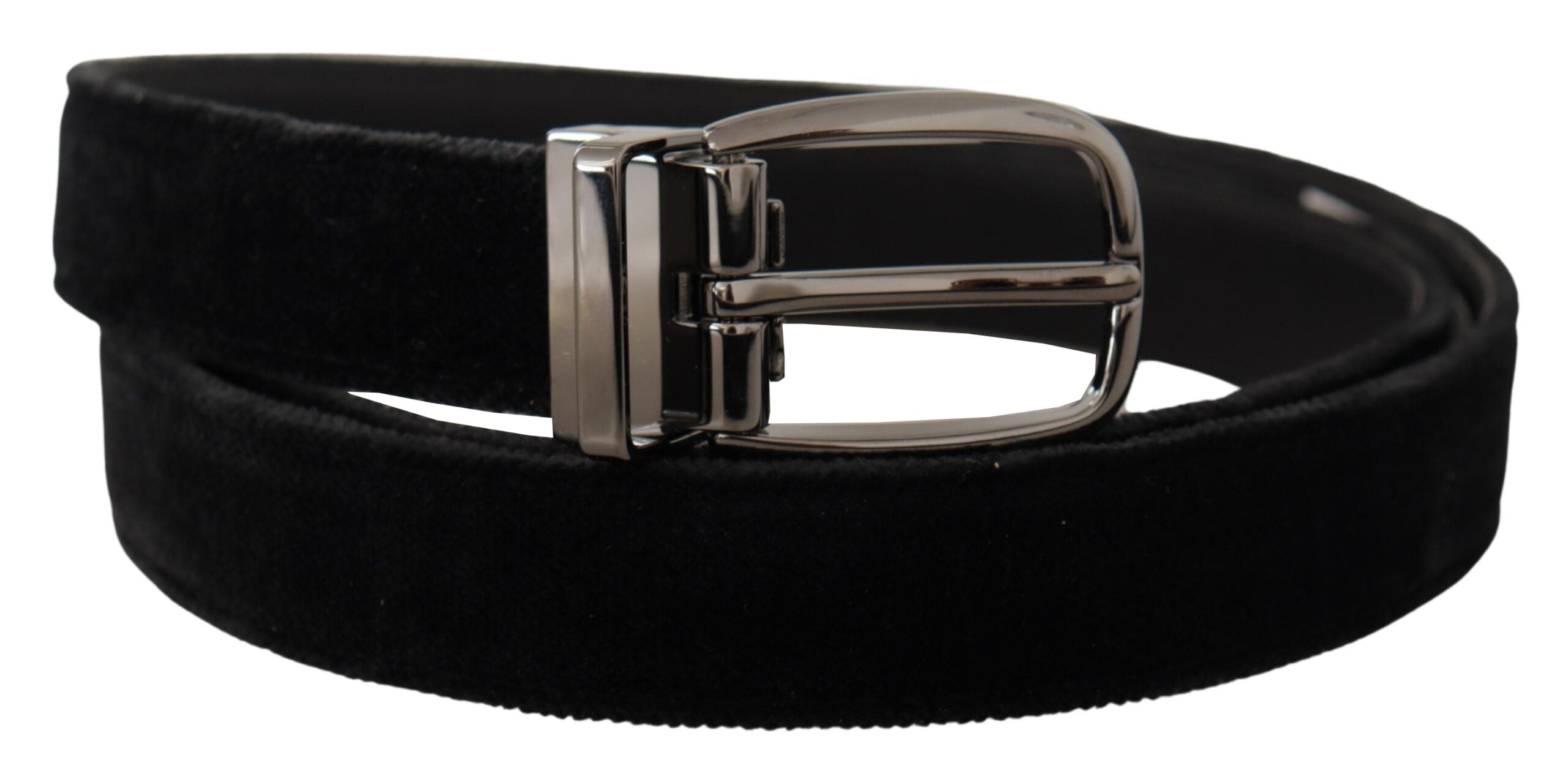 Black velvet Dolce & Gabbana belt with engraved metal logo, featuring a sleek classic design and metal buckle.
