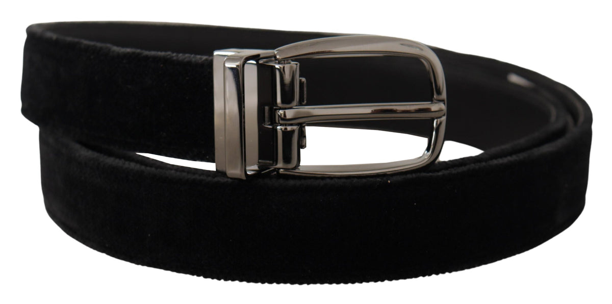 Black velvet Dolce & Gabbana belt with engraved metal logo, featuring a sleek classic design and metal buckle.