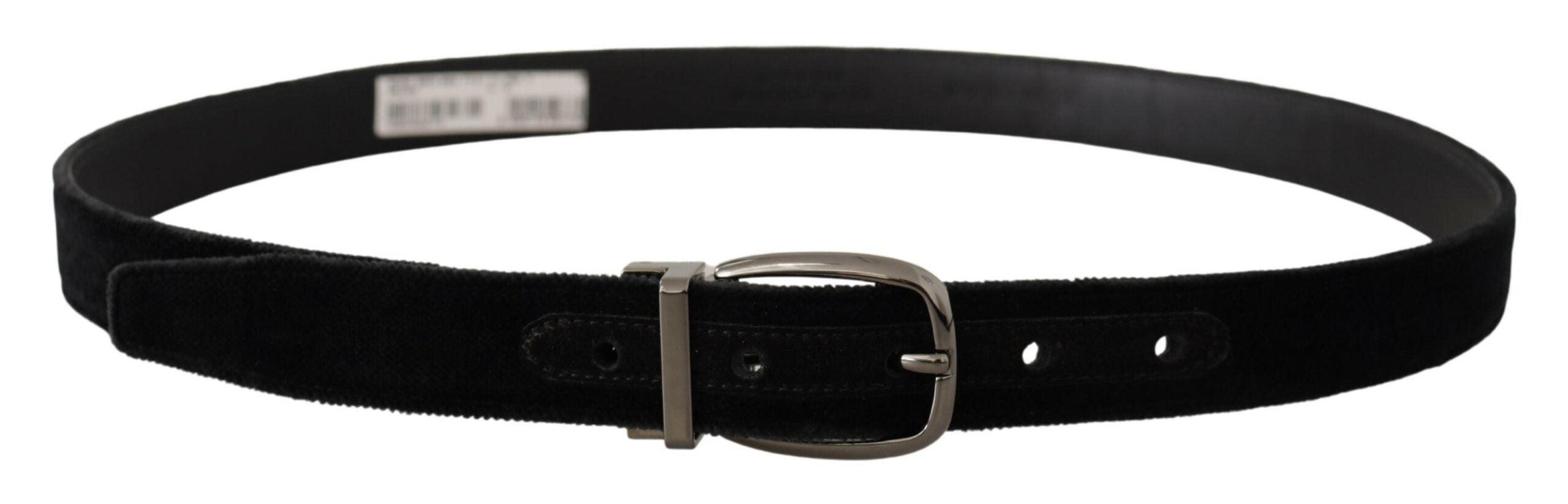 Black velvet Dolce & Gabbana belt with engraved metal logo buckle, showcasing a sleek and luxurious accessory.