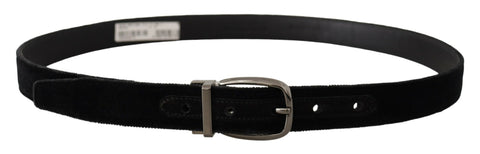 Black velvet Dolce & Gabbana belt with engraved metal logo buckle, showcasing a sleek and luxurious accessory.
