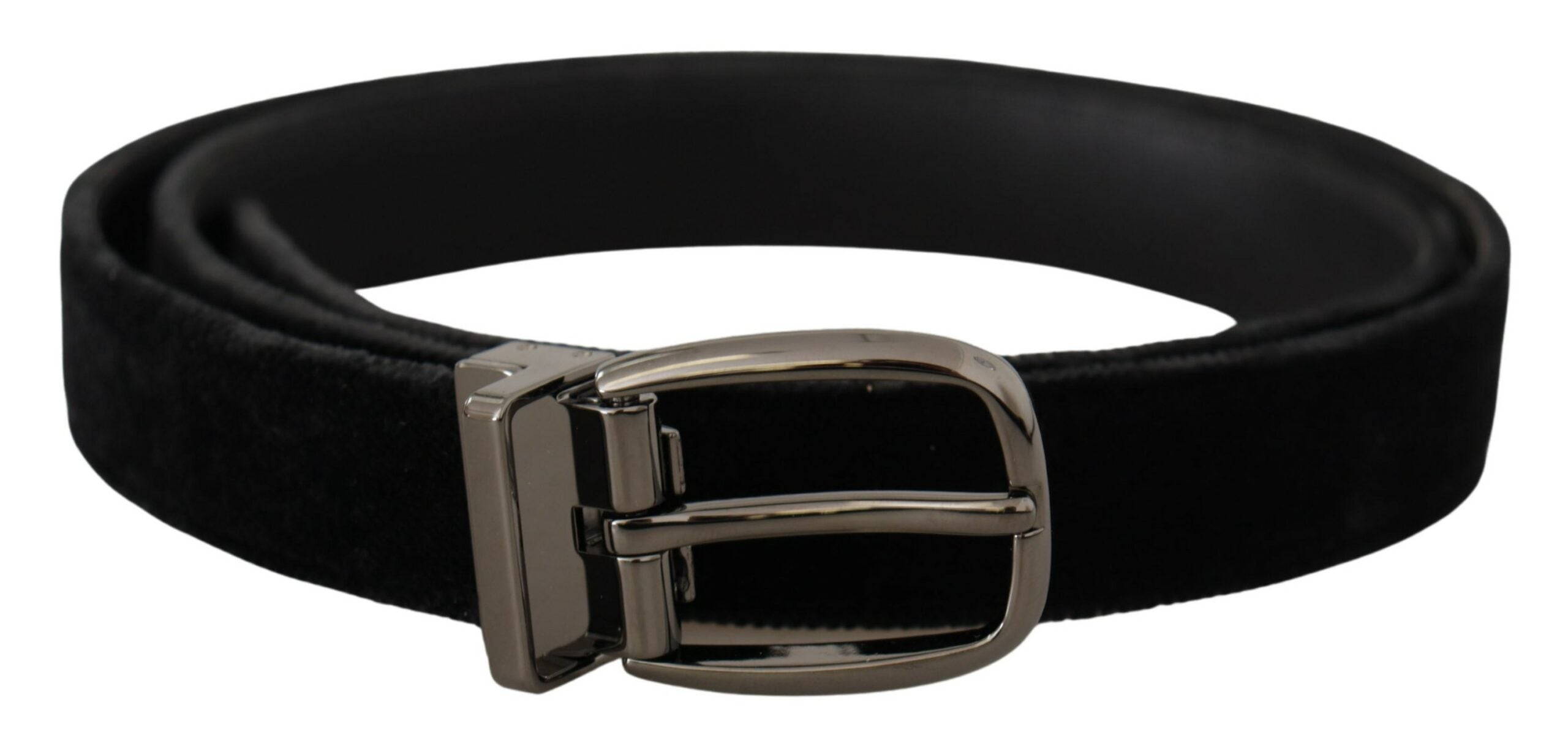 Black velvet Dolce & Gabbana belt with engraved metal logo and classic design, featuring a stylish buckle.