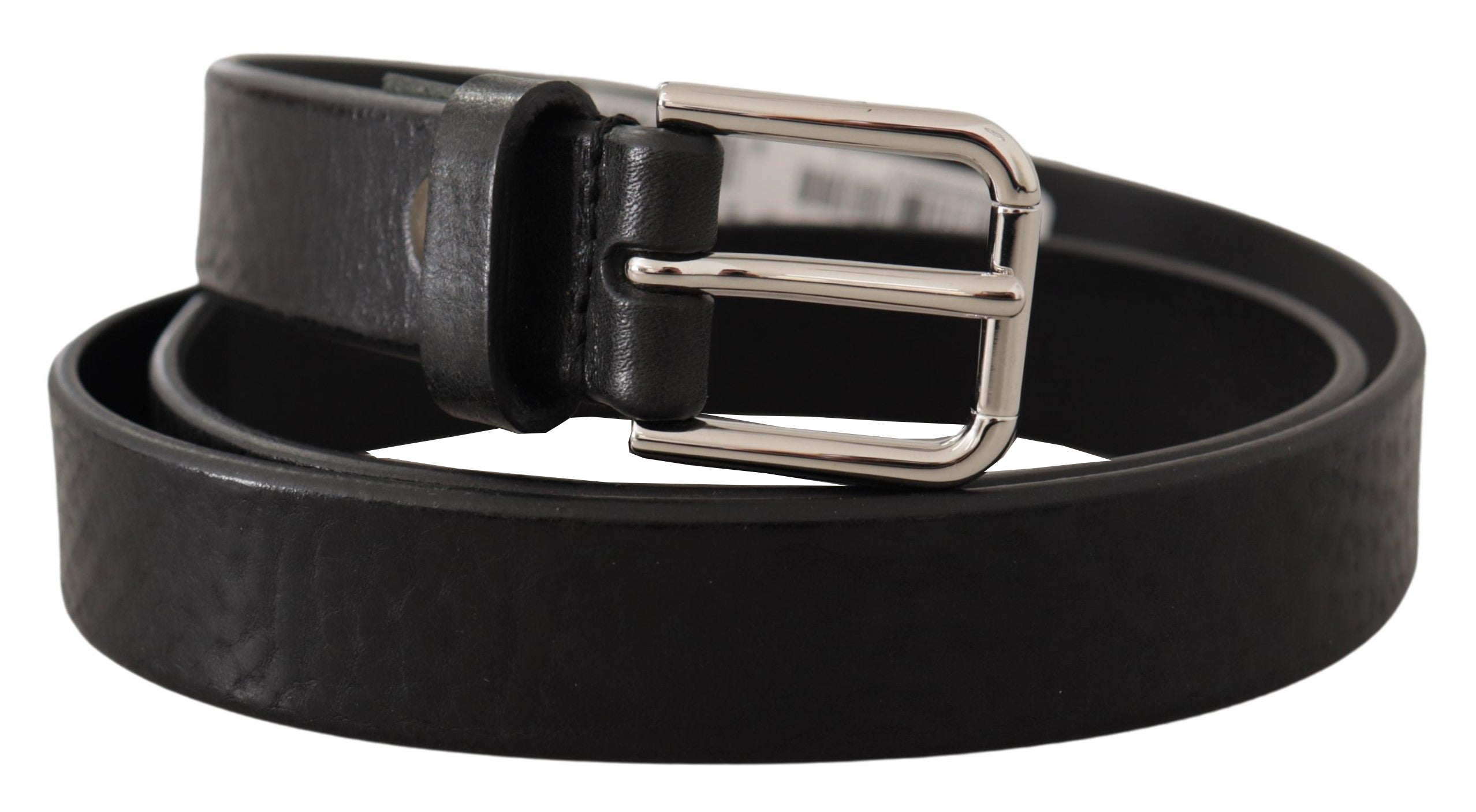 Black calf leather belt with silver-tone logo metal buckle from Dolce & Gabbana, showcasing the buckle detail and smooth leather strap.