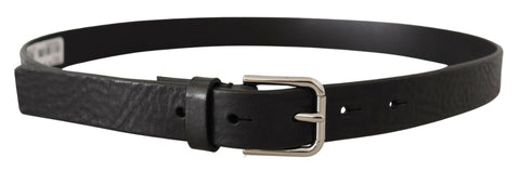 Black calf leather belt with silver-tone metal buckle and Dolce & Gabbana logo, stylish accessory for men.