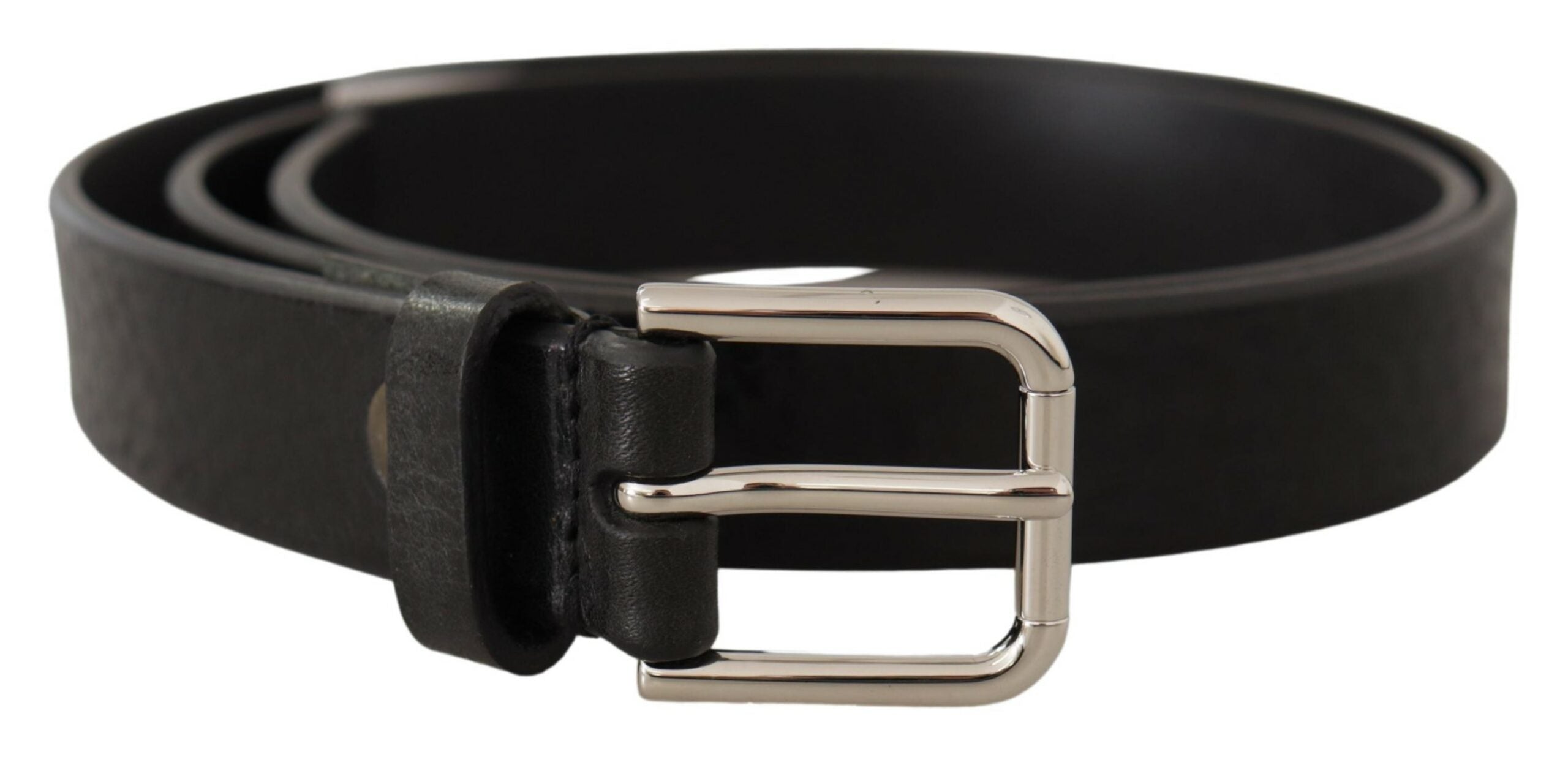 Black calf leather belt with silver tone logo metal buckle from Dolce & Gabbana, showing the sleek design and embossed logo.