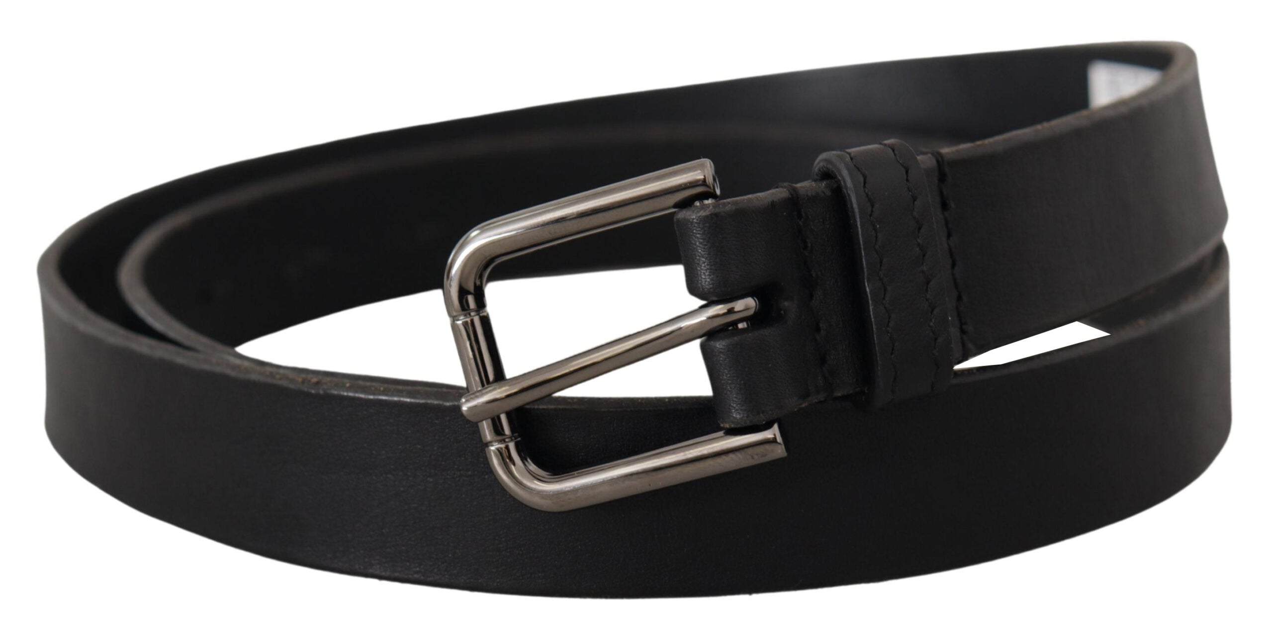 Black calf leather belt with engraved metal buckle and Dolce & Gabbana logo, stylish accessory for men.
