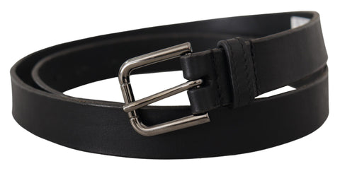 Black calf leather belt with engraved metal buckle and Dolce & Gabbana logo, stylish accessory for men.