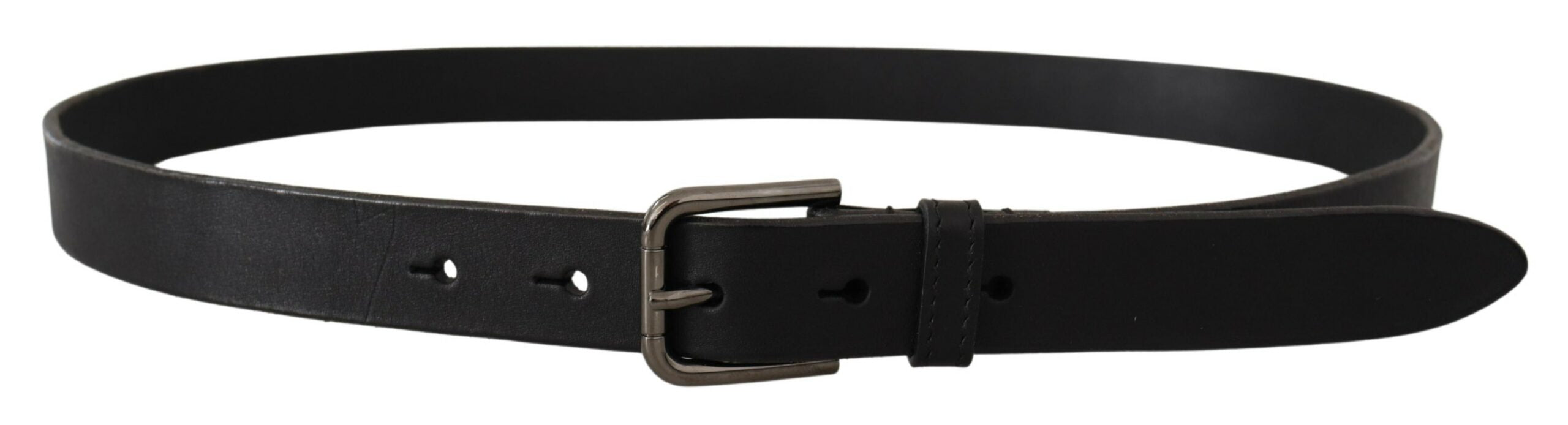 Black calf leather belt with engraved metal buckle and Dolce & Gabbana logo, stylish accessory for men.