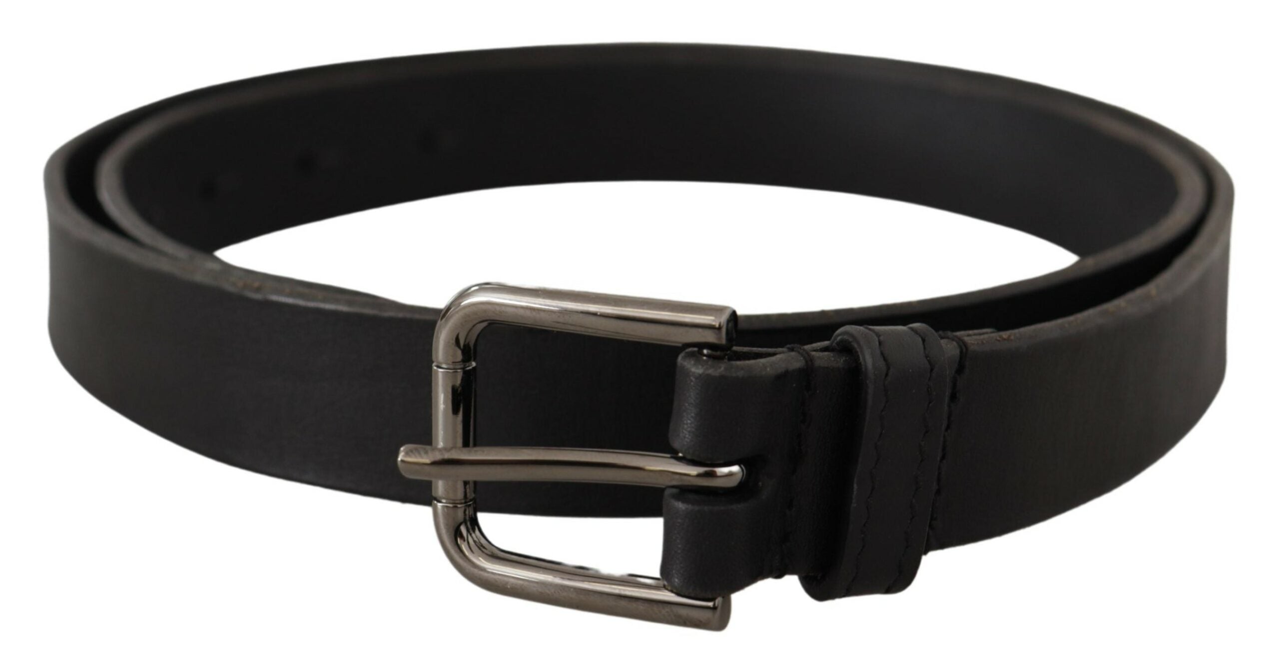 Black calf leather belt with Dolce & Gabbana logo engraved metal buckle, stylish accessory for men.