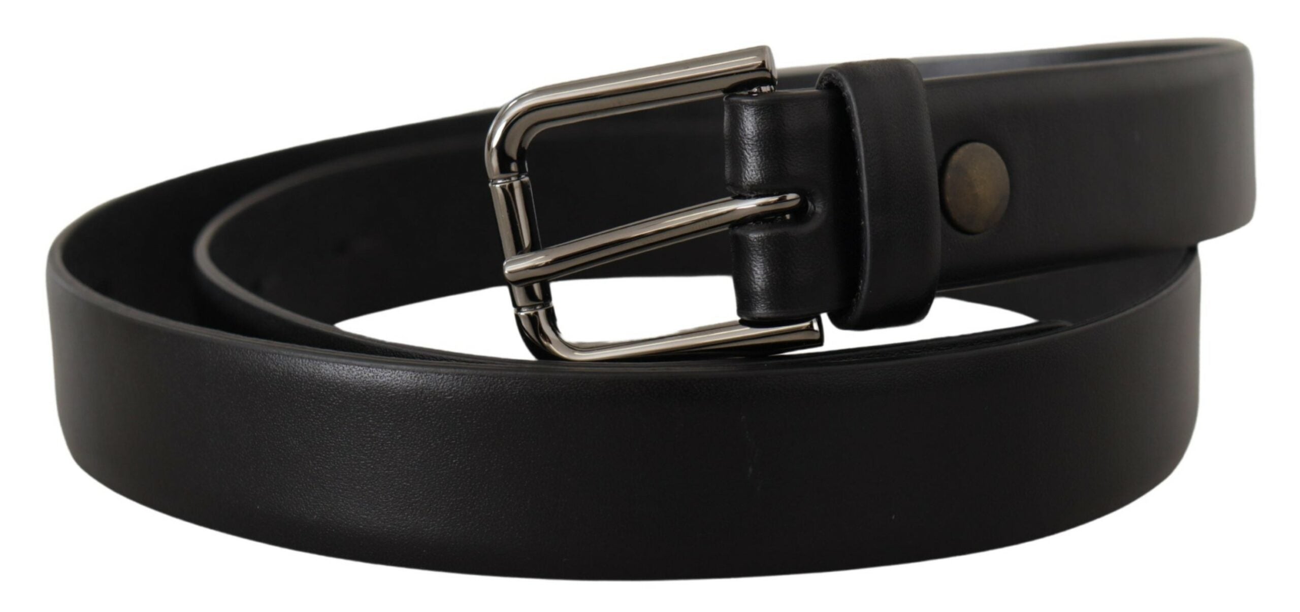 Black calf leather belt with classic logo metal buckle from Dolce & Gabbana, featuring smooth leather and silver-tone hardware.