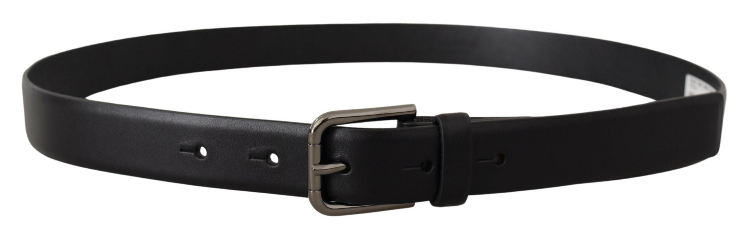 Black calf leather Dolce & Gabbana belt with classic logo metal buckle, stylish and durable accessory for men.