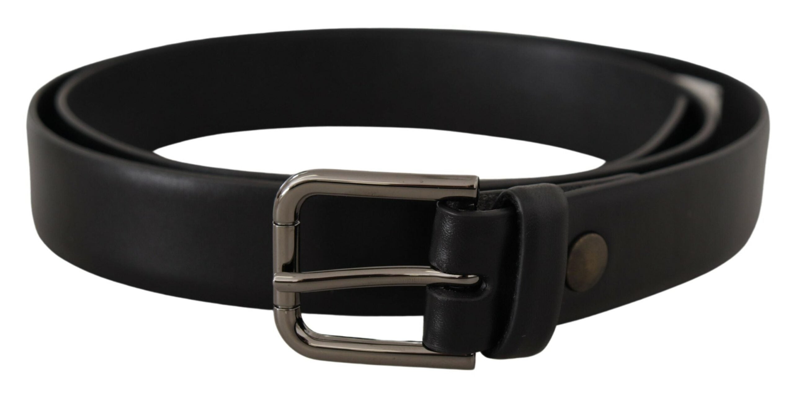 Black calf leather belt with a classic logo and metal buckle from Dolce & Gabbana, showing smooth leather and polished hardware.