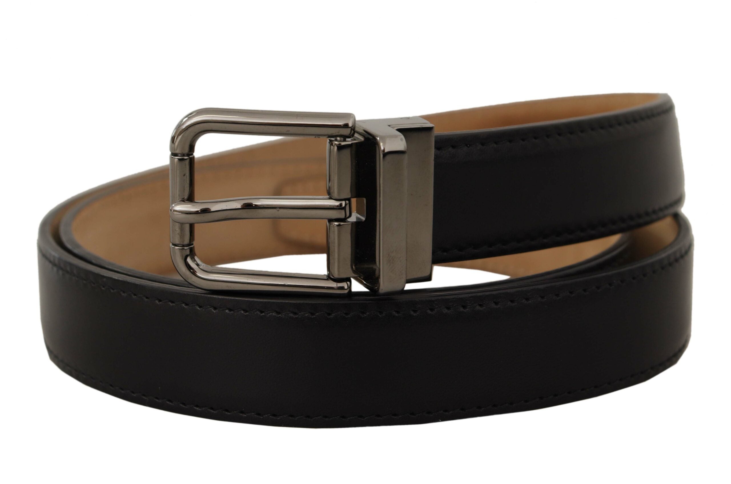Black calf leather belt with engraved metal buckle featuring Dolce & Gabbana logo, stylish and high-quality accessory.