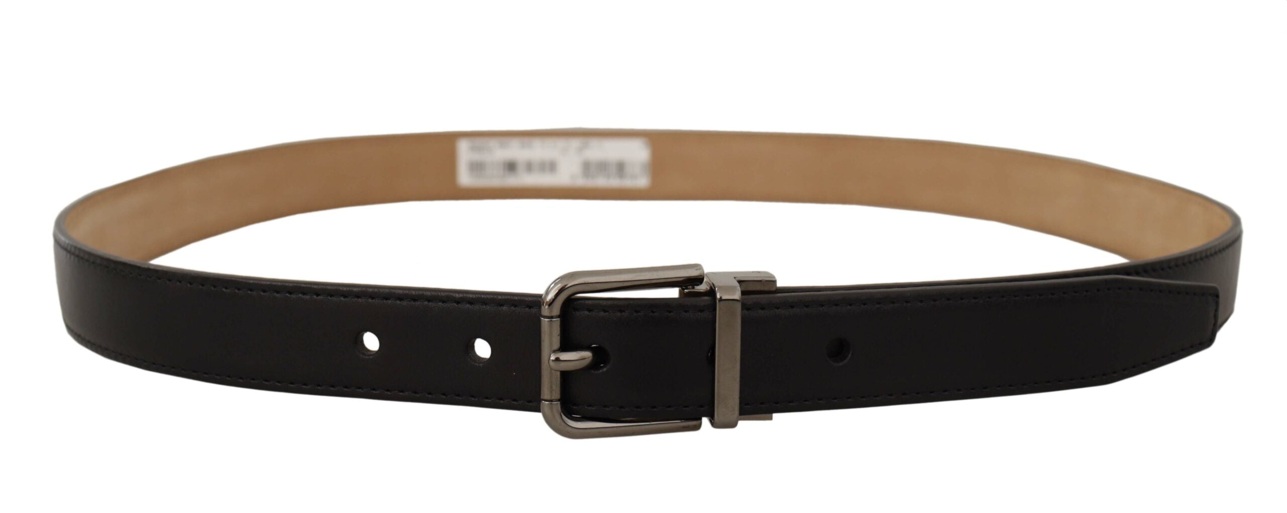 Black calf leather belt with Dolce & Gabbana logo engraved metal buckle, showing detailed leather texture and sleek design.