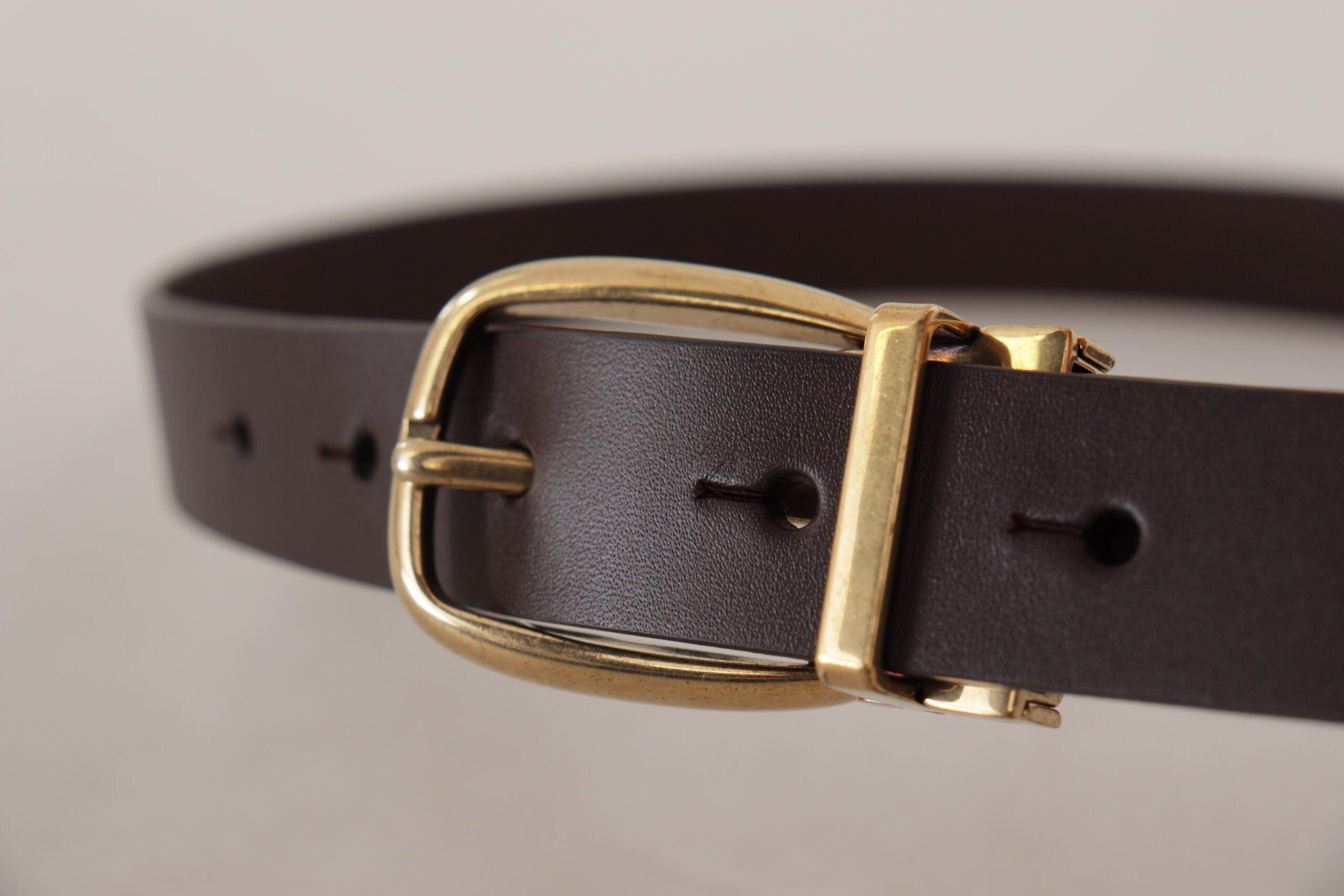 Dark brown calf leather belt with gold-tone metal buckle from Dolce & Gabbana, featuring a sleek and polished finish.