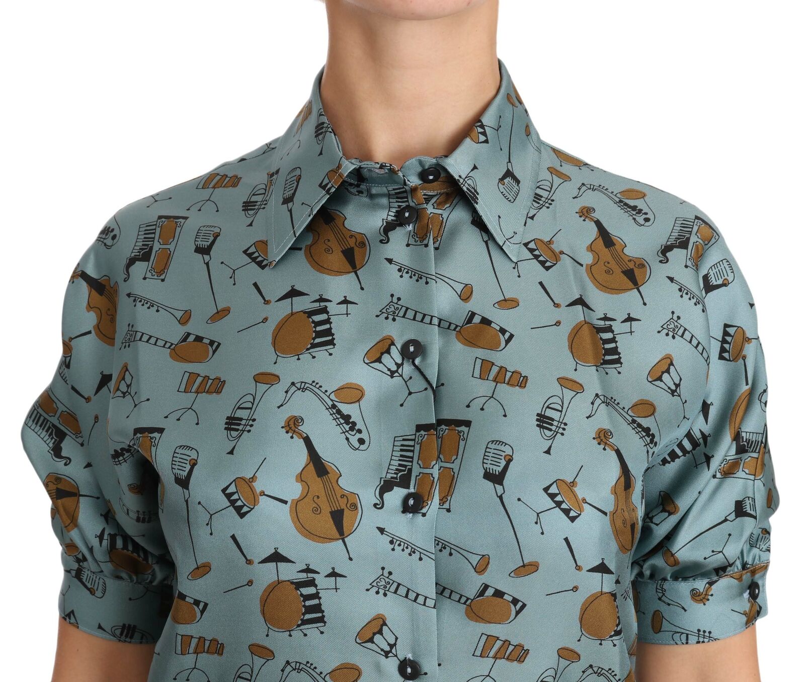 Multicolor musical instruments print silk short sleeve shirt by Dolce & Gabbana, featuring vibrant instrument designs on smooth fabric.