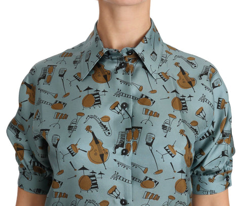 Multicolor musical instruments print silk short sleeve shirt by Dolce & Gabbana, featuring vibrant instrument designs on smooth fabric.