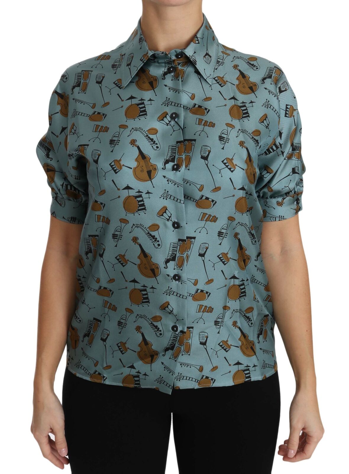 Multicolor musical instruments silk short sleeve shirt by Dolce & Gabbana, featuring vibrant musical instrument patterns on smooth fabric.