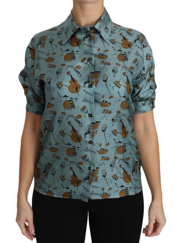 Multicolor musical instruments silk short sleeve shirt by Dolce & Gabbana, featuring vibrant musical instrument patterns on smooth fabric.