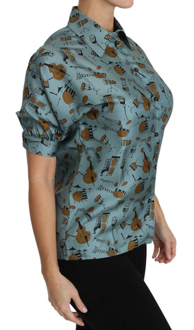 Multicolor musical instruments silk short sleeve shirt by Dolce & Gabbana, featuring vibrant print and lightweight fabric.