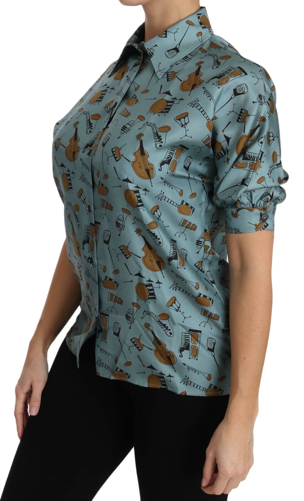 Multicolor musical instruments silk short sleeve shirt by Dolce & Gabbana, featuring vibrant print and lightweight fabric.