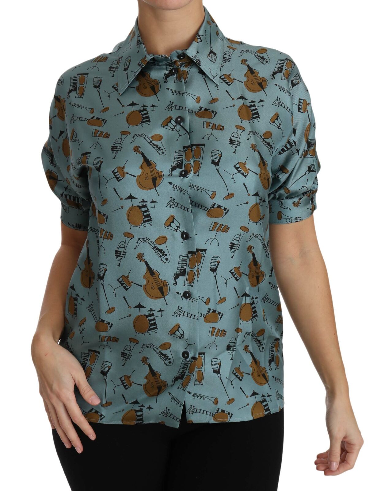 Multicolor musical instruments silk short sleeve shirt by Dolce & Gabbana, featuring vibrant print and lightweight fabric.