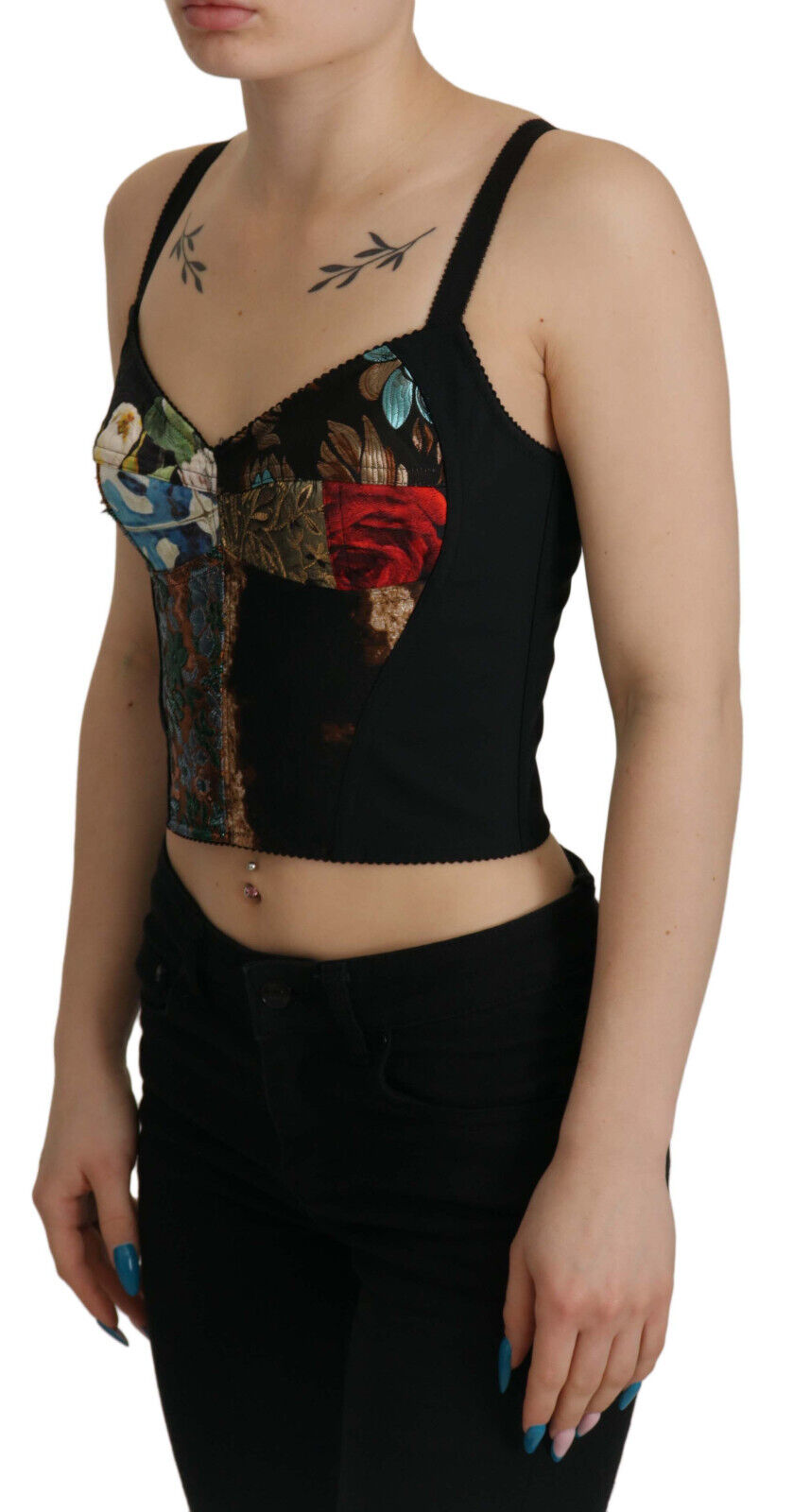 Black patchwork Sicily blouse corset cropped top by Dolce & Gabbana, featuring a stylish, fitted design with intricate patchwork details.