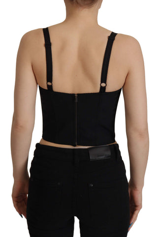 Black patchwork Sicily blouse corset cropped top by Dolce & Gabbana, featuring a stylish patchwork design and fitted silhouette.
