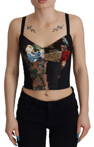 Black patchwork Sicily blouse corset cropped top by Dolce & Gabbana, featuring a stylish patchwork design and fitted silhouette.