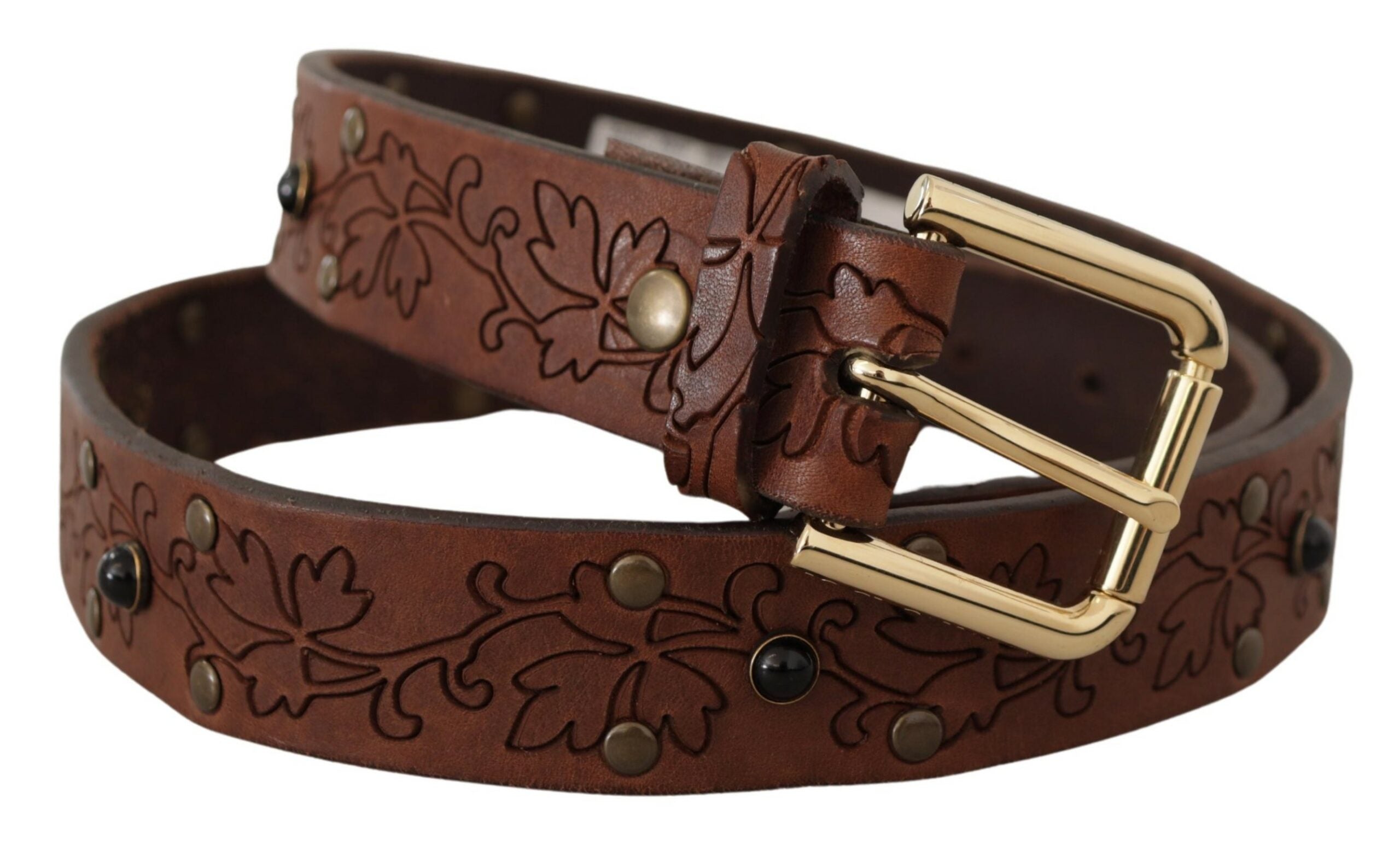 Brown leather floral studded belt with metal buckle by Dolce & Gabbana, featuring detailed floral and stud embellishments.