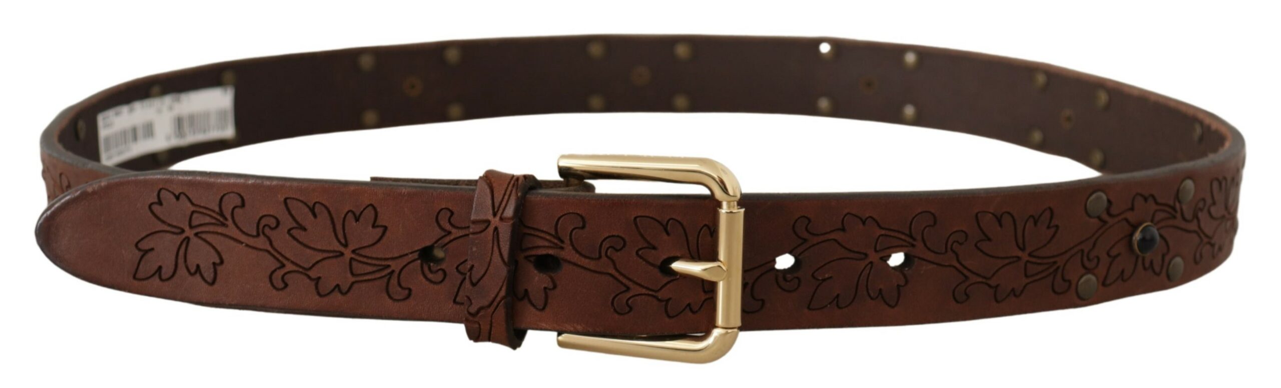 Brown leather floral studded belt with metal buckle from Dolce & Gabbana, featuring intricate floral patterns and decorative metal studs.