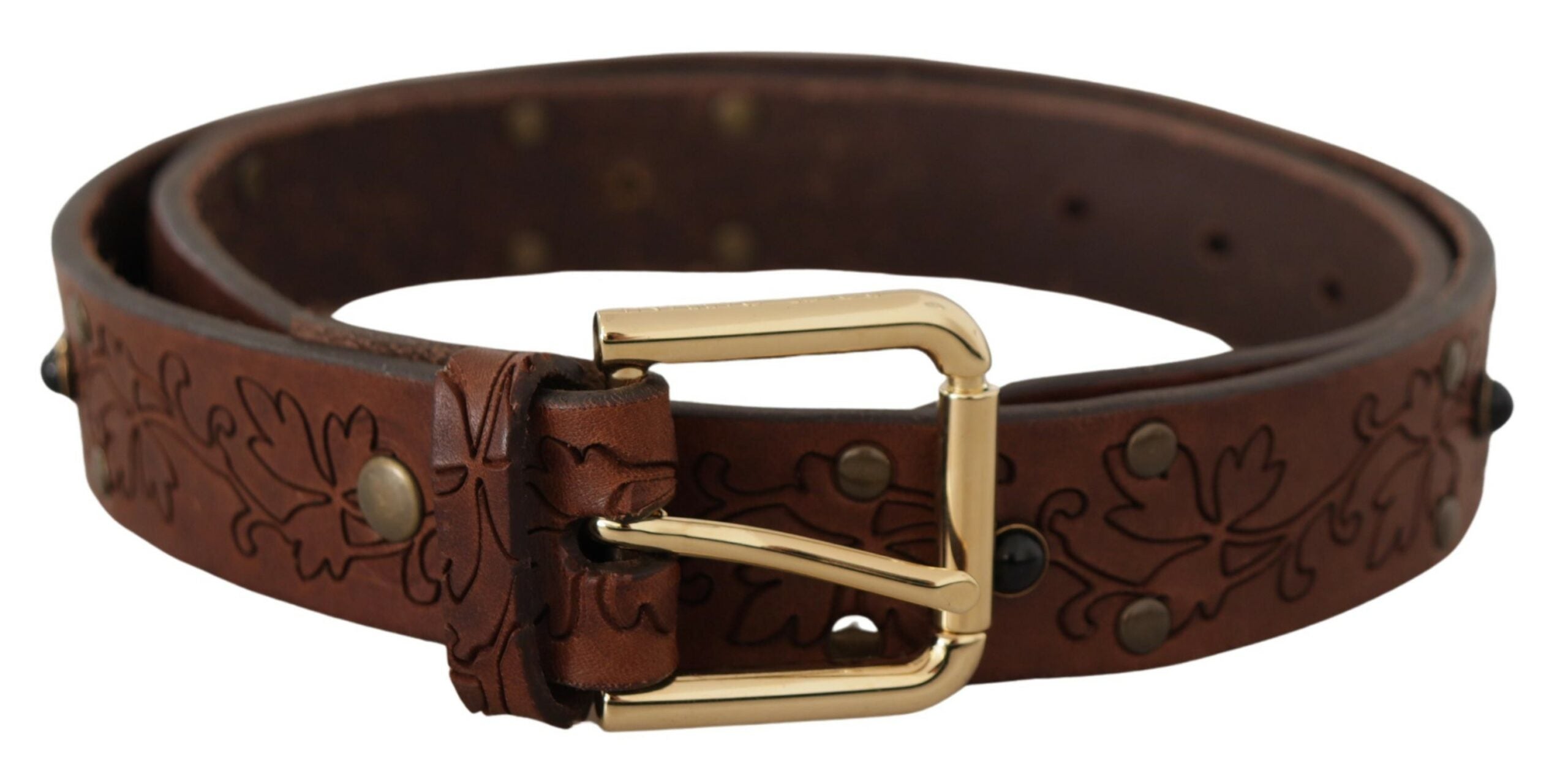Brown leather floral studded belt with metal buckle from Dolce & Gabbana, featuring intricate floral details and metal accents.
