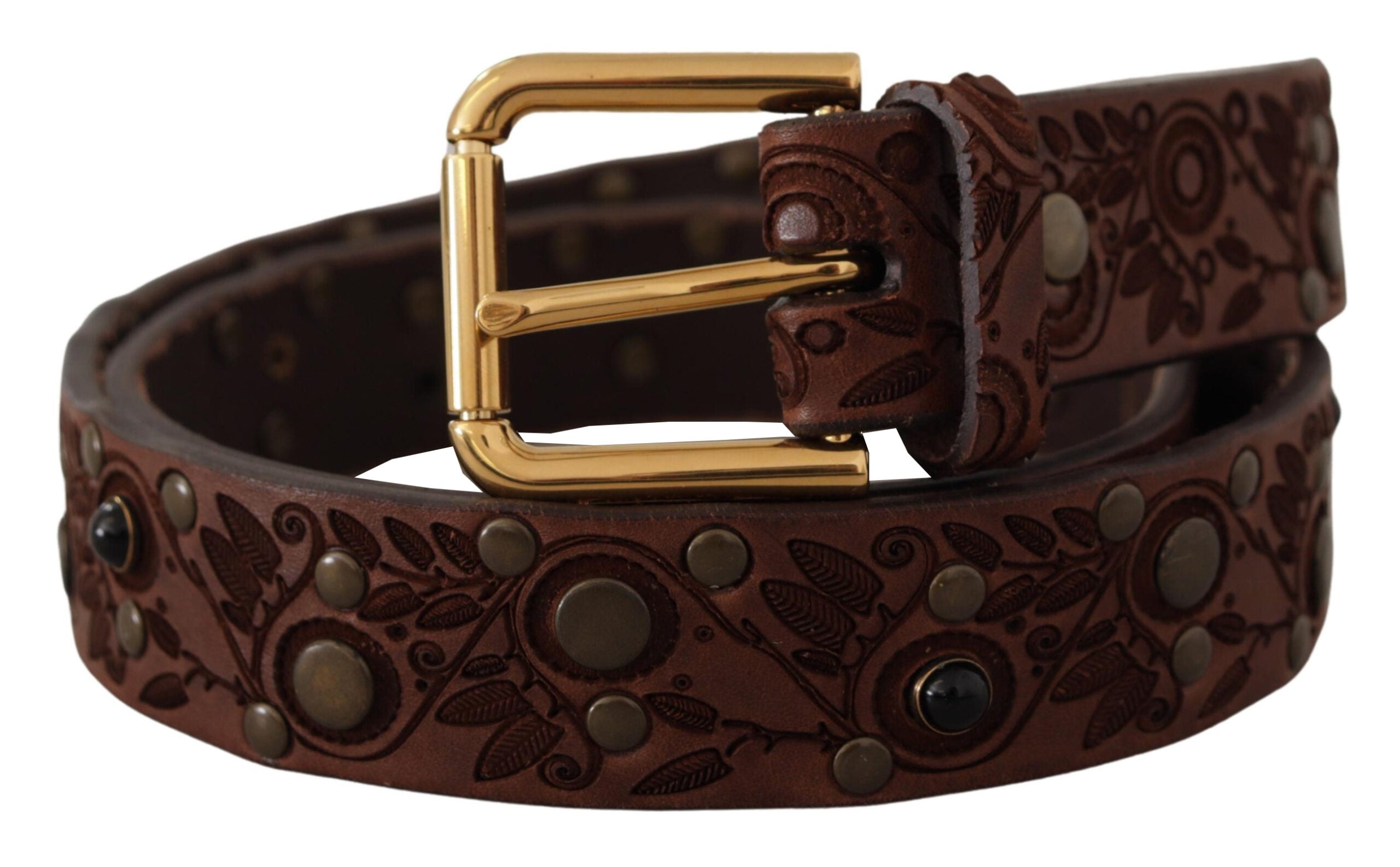 Brown calf leather embossed belt with gold metal buckle by Dolce & Gabbana, showing the detailed texture and polished hardware.
