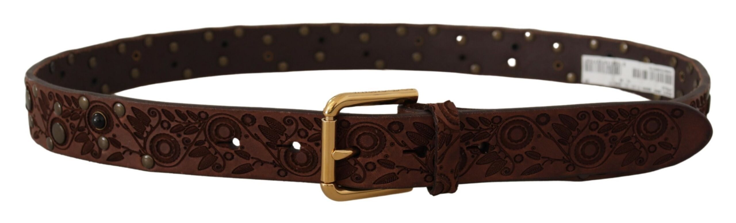 Brown calf leather belt with embossed texture and gold metal buckle, stylish accessory by Dolce & Gabbana.
