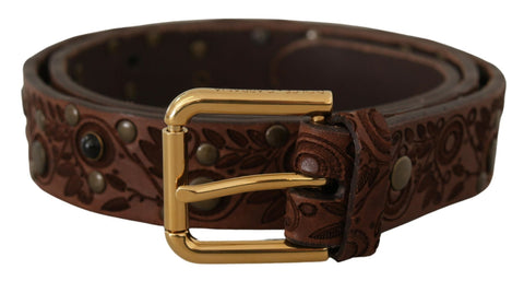 Brown calf leather belt with embossed design and gold metal buckle from Dolce & Gabbana.