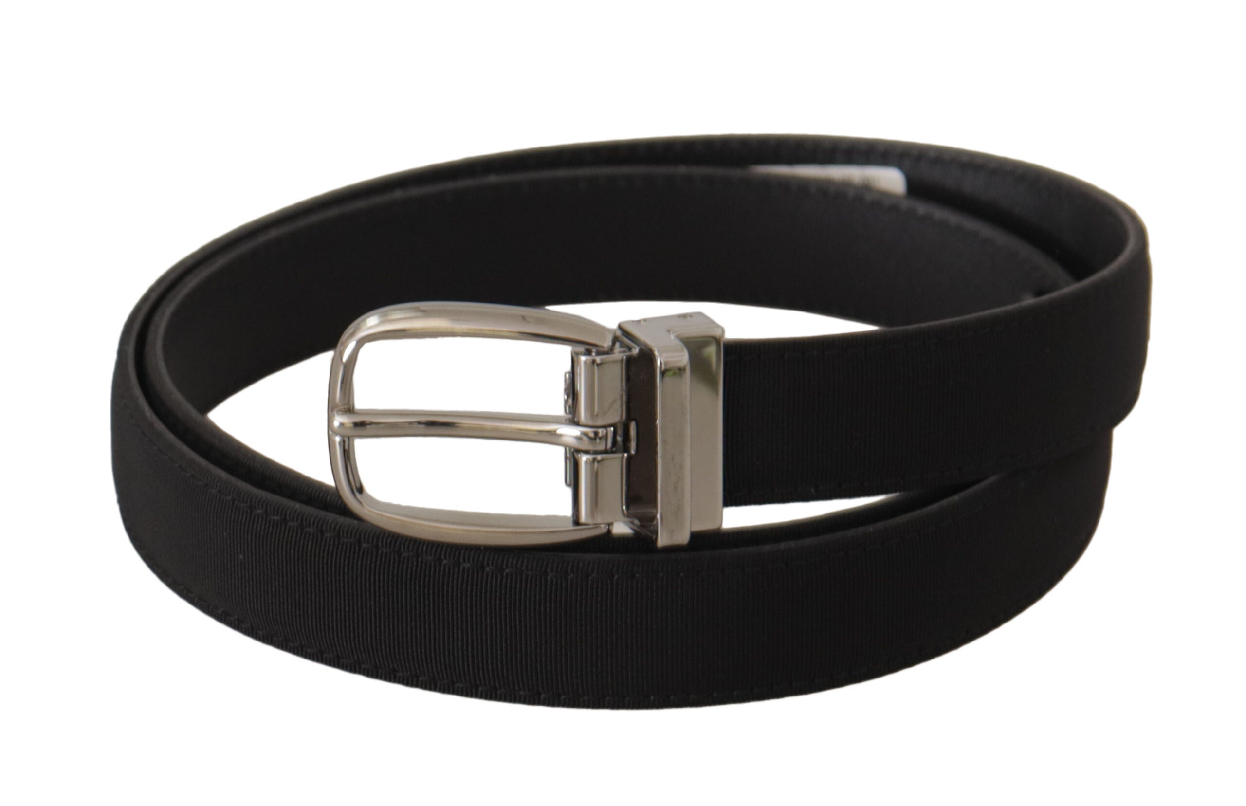 Black calf canvas Dolce & Gabbana belt with silver-tone logo metal buckle, stylish accessory for men.