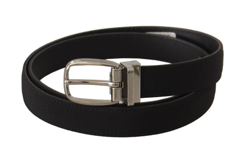 Black calf canvas Dolce & Gabbana belt with silver-tone logo metal buckle, stylish accessory for men.