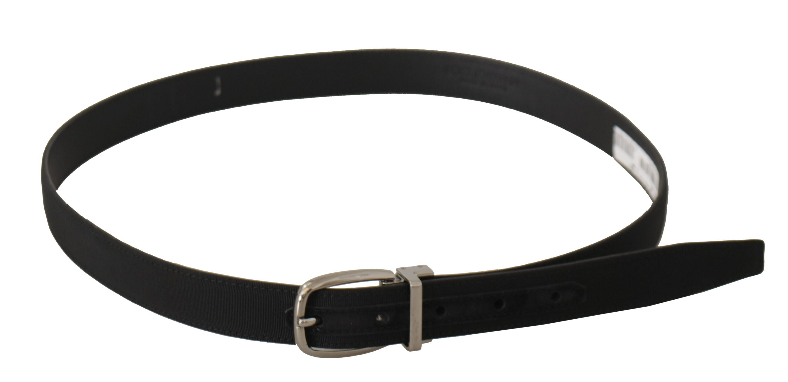 Black calf canvas Dolce & Gabbana belt with silver tone logo metal buckle, stylish and adjustable accessory for men.