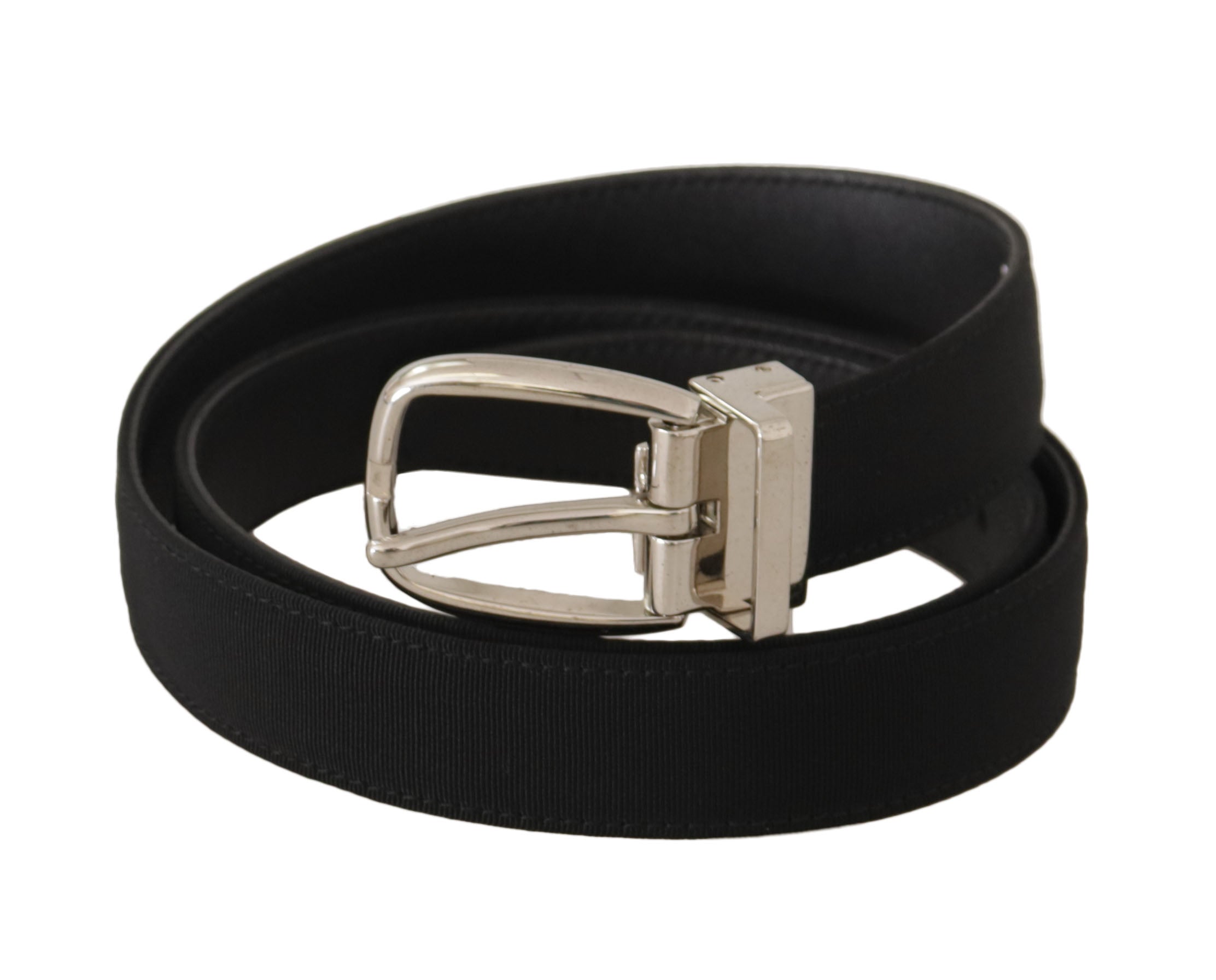 Black calf leather belt with silver-tone metal buckle, stylish accessory from Dolce & Gabbana.