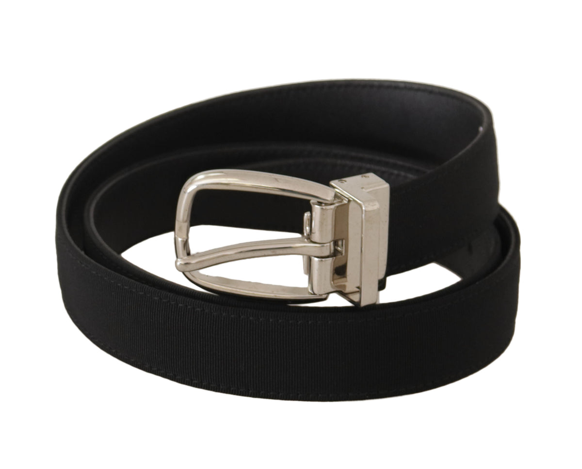 Black calf leather belt with silver-tone metal buckle, stylish accessory from Dolce & Gabbana.
